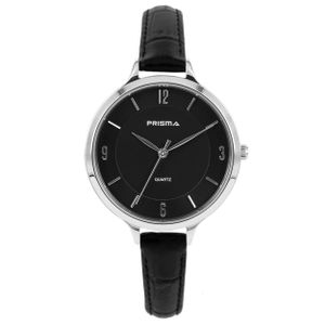 Prisma P.8391 Horloge staal-leder zilverkleurig-zwart