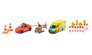 Siku cadeauset reddingsteam VW Kever-ambulance Mercedes-ambulance helikopter kunststof/metaal veelkleurig inclusief 2 vekeersbakens en 2 -kegels