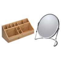 Make-up organizer en spiegel set - 10x vakjes - bamboe/metaal - 5x zoom spiegel