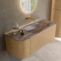 Badmeubel Mondiaz Kurve-Dlux | 115 cm | Meubelkleur Oak | Wastafelkleur Sombra | Solid surface | Wasbak rechter zijde spoelbak | Zonder kraangat(en)