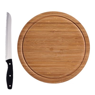 Ronde bamboe houten snijplanken met sapgroef 25 cm inclusief RVS Broodmes 33 cm - Snijplanken Ronde bamboe houten snijplanken met sapgroef 25 cm inclusief RVS Broodmes 33 cm - Snijplanken