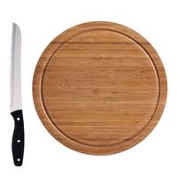 Ronde bamboe houten snijplanken met sapgroef 25 cm inclusief RVS Broodmes 33 cm - Snijplanken - thumbnail