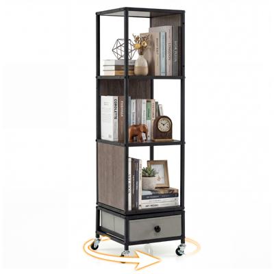 Vierdelige Boekenkast Hoekmeubel Op Zwenkwielen Opbergmeubel Met Uitneembare Met Stof Beklede Laden-Zwart