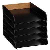 Kantoor postbakje/brievenbak - 5x - A4 formaat - stapelbaar - zwart - bamboe hout