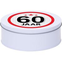 Leeftijd Snoeptrommel - koektrommel Cadeau - wit - rond blik - met 60 jaar sticker