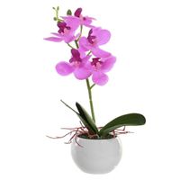 Orchidee bloemen kunstplant in witte bloempot - roze bloemen - H29 cm - thumbnail