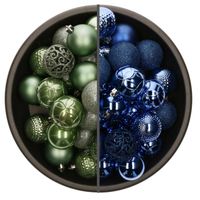 74x stuks kunststof kerstballen mix van saliegroen en kobalt blauw 6 cm - Kerstbal