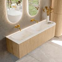 Mondiaz KURVE-DLUX 155 cm Onderkast Greeploos 2 Lades Met Deuren Oak, Wastafel Solid Surface Links Opalo 0 Kraangaten Zonder Spiegel (KRVLEA155R2L1D0KD-Oak/Opa)