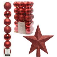 Kerstversiering kunststof kerstballen met piek rood 4-5-6-8 cm pakket van 34x stuks - thumbnail