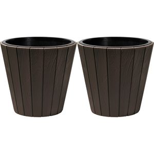 Prosperplast Plantenpot/bloempot Wood Style - 2x - buiten/binnen - kunststof - donkerbruin - D40 x H37 cm - Plantenpotte