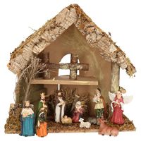 Complete kerststal met 11x st kerststal beelden - 30 x 18 x 26 cm - hout/mos/polyresin - thumbnail