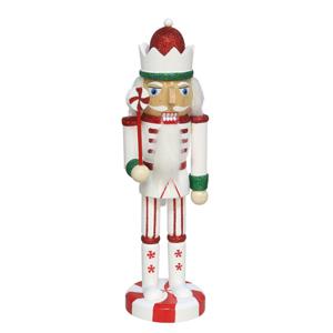 Notenkraker decoratie figuur/beeld - 7 x 6,5 x 25 cm - wit/rood - hout - kerstbeeld