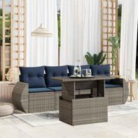 5-delige tuinbankset met kussens, grijs polyrotan