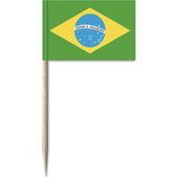 50x Vlaggetjes prikkers Brazilie - 8 cm - hout/papier - Cocktailprikkers - thumbnail
