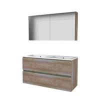 Basic-Line Comfort 46 Badkamermeubelset - 120 x 46 cm - Greeploos - 2 Lades - Keramische Wastafel - 2 Kraangaten - Spiegelkast - Scotch Oak