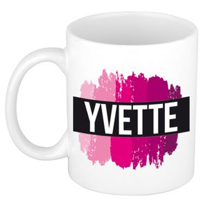 Naam cadeau mok / beker Yvette  met roze verfstrepen 300 ml   -