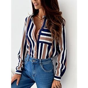 Dames Overhemd Blouse Grafisch Gestreept Rood Marine Blauw blauw Afdrukken nappi Zak Lange mouw Werk Modieus Overhemdkraag Normale pasvorm Lente Herfst