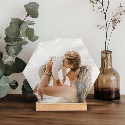Houten fototegel met houder bedrukken - Hexagon