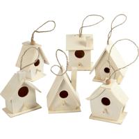 Hobby vogelhuisjes - 6x stuks - 7 cm - hout - knutselen - knutselpakket vogelhuisjes/nestkastjes