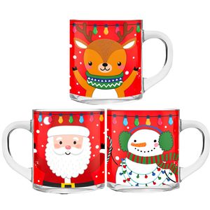 Kerst mokken/bekers - 6 stuks - glas - 300 ml - met kerstprint - 11 cm