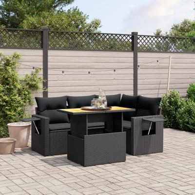5-delige Loungeset met kussens poly rattan zwart