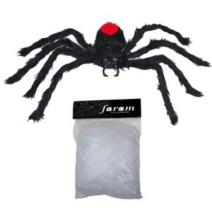 Horror spin groot 60 cm - incl. web - Halloween decoratie/versiering - zwart/rood