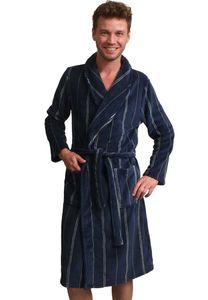 Blauwe heren badjas met streepmotief - fleece-l