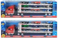 Jonotoys Grote vrachtauto met oplegger en 9 race auto's er op, 58 cm lang. Jonotoys Grote vrachtauto met oplegger en 9 race auto's er op, 58 cm lang.