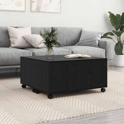 Salontafel met wiel met opslag Zwart eiken 75 x 75 x 38 cm Bewerkt hout