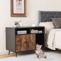 Kattenbak met Krabpaal Kattentoilet Kantelbeveiliging 2 Opbergplanken Metalen Schuine Poten 90 x 50 x 70 cm Zwart + Bruin