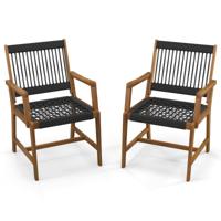 Set van 2 Acacia Houten Eetstoelen voor Buiten Terrasstoelen van Geweven Touw voor Alle Weersomstandigheden met Armleuningen