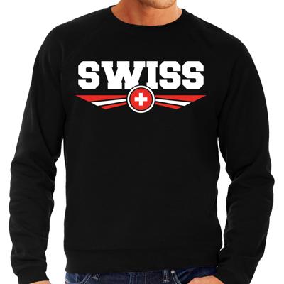 Zwitserland land thema sweater - met vlag kleuren - zwart - heren - Supporters trui - lange mouwen