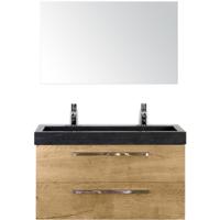Seville Badmeubelset 100 cm - Natuur Eiken - Wastafel Hardsteen Wit Lucca 2 Kraangaten met Spiegel