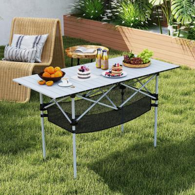 Opvouwbare Campingtafel voor Terras Draagbare Picknicktafel met Oprolbaar Aluminium Tafelblad en Netmand Zilver