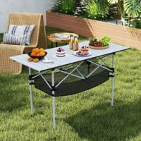 Opvouwbare Campingtafel voor Terras Draagbare Picknicktafel met Oprolbaar Aluminium Tafelblad en Netmand Zilver