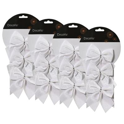 Kerstornamenten strikken - 12x - velvet wit - 9 x 10 cm - kerstboomstrikjes