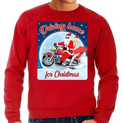 Foute kersttrui voor motorliefhebbers driving home rood heren