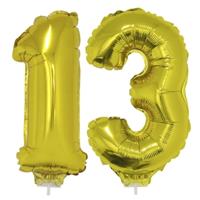 13 jaar leeftijd versiering cijfers - verjaardag - ballonnen op stokje - van 41 cm - goud