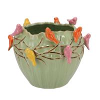 Bloempot/plantenpot Spring birds - pistache groen - keramiek - D28 x H22 cm Bloempot/plantenpot Spring birds - pistache groen - keramiek - D28 x H22 cm