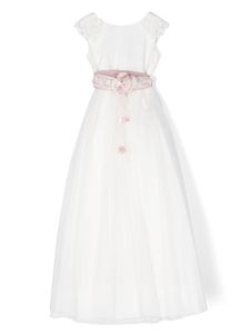 AMAYA robe longue en tulle à fleurs appliquées - Blanc