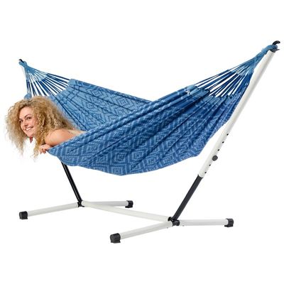 Eenpersoons hangmat met metalen standaard - 300x140cm - Blauw - 120kg draagkracht- 100% katoen - binnen & buiten