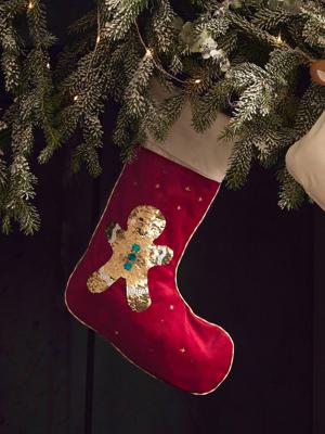 Personaliseerbare kerstsok met omkeerbare lovertjes Mr Biscuit rood