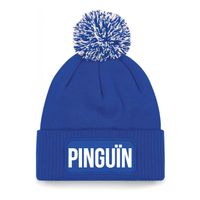 Pinguin muts met pompon unisex one size - blauw One size  - - thumbnail