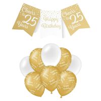 Paperdreams Luxe 25 jaar feestversiering set - Ballonnen & vlaggenlijnen - wit/goud - Feestpakketten
