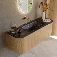 Badmeubel Mondiaz Kurve-Dlux | 130 cm | Meubelkleur Oak | Wastafelkleur Lava | Solid surface | Midden spoelbak | Zonder kraangat(en) Badmeubel Mondiaz Kurve-Dlux | 130 cm | Meubelkleur Oak | Wastafelkleur Lava | Solid surface | Midden spoelbak | Zonder kraangat(en)