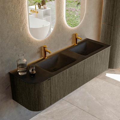 Badmeubel Mondiaz Kurve | 155 cm cm | Meubelkleur Shadow | Wastafelkleur Urban | Solid surface | Dubbel / Rechts spoelbak | 2 kraangaten