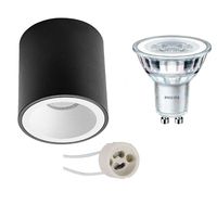 Opbouwspot Set - Pragmi Cliron Pro - GU10 Fitting - Opbouw Rond - Mat Zwart/Wit - Verdiept - Ø90mm - Philips - CorePro 830 36D - 3.5W - Warm Wit 3000K