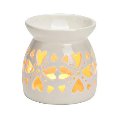 Geurbrander voor amberblokjes/geurolie - porselein - wit hartjes - 10 x 10 x 10 cm