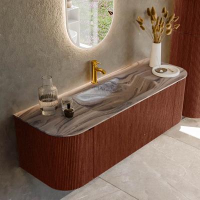 Badmeubel Mondiaz Kurve-Dlux | 140 cm | Meubelkleur Ruby | Wastafelkleur Sombra | Solid surface | Wasbak midden spoelbak | 1 kraangat