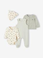Geboorteset personaliseerbaar rompertje + tuinbroek + muts + vest blauwgroen